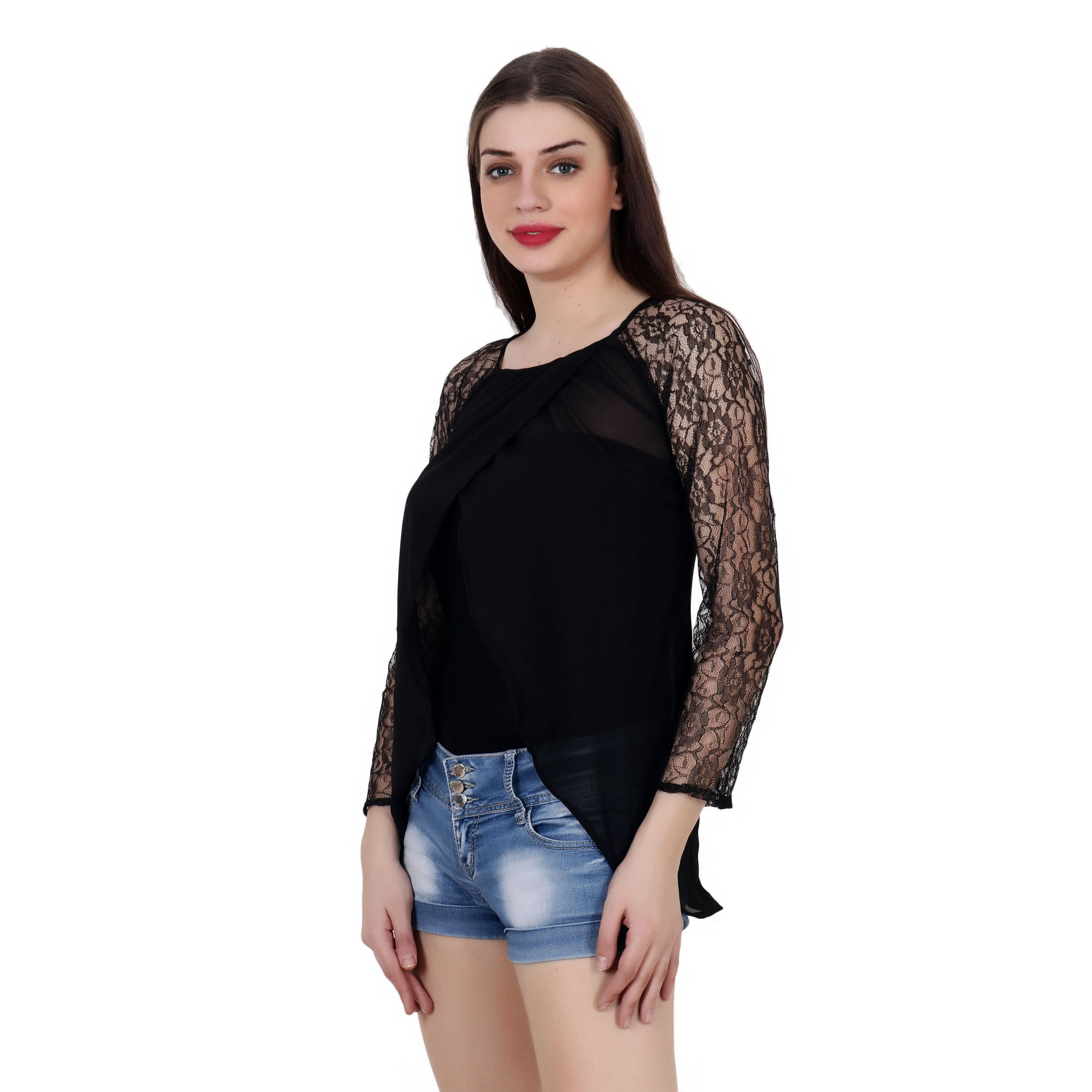 BLACK REGULAR NET SLEEVE TOP